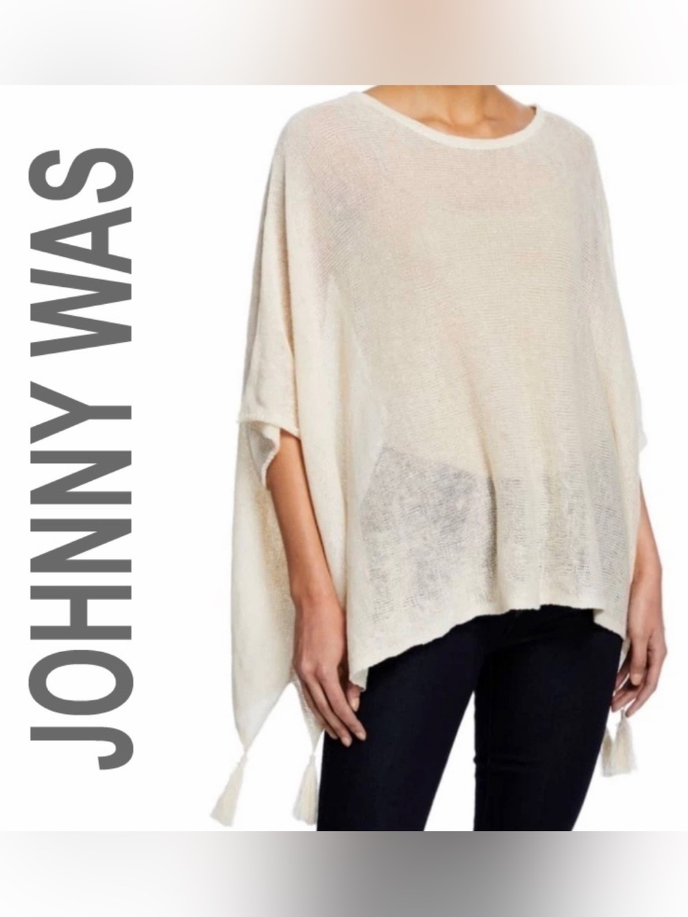 Johnny Was Calmé Cream Lightweight Draped Knit Poncho with Tassels XS/S